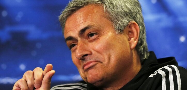 Chelsea manager Mourinho gestures during a news conference at Stamford Bridge in London